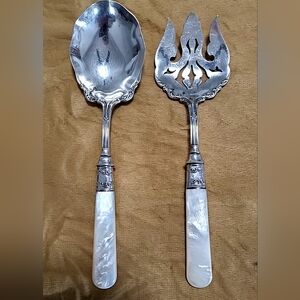 Antique Pearl Handle by Universal Salad Serving Spoon & Fork Silver Plate